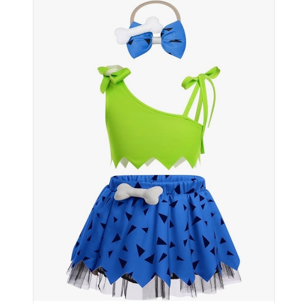 IBTOM CASTLE Caveman Costume Girls 3-4 Blue Green NEW 3pc Set Bone Headband
